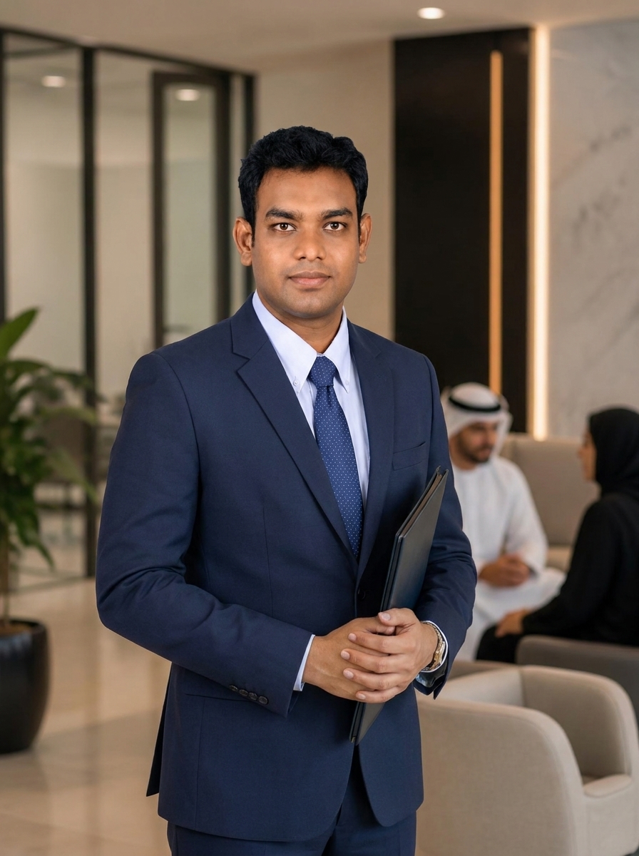 AKVN Business consultant in a navy suit holding a document folder in a modern UAE office, with clients meeting in the background