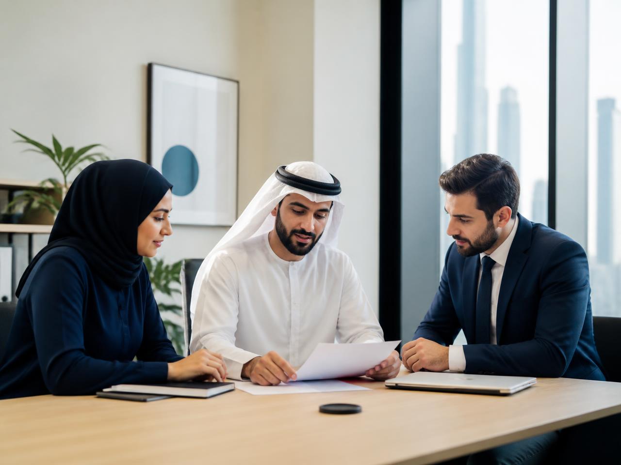 UAE business professionals reviewing documents together in a modern Dubai office